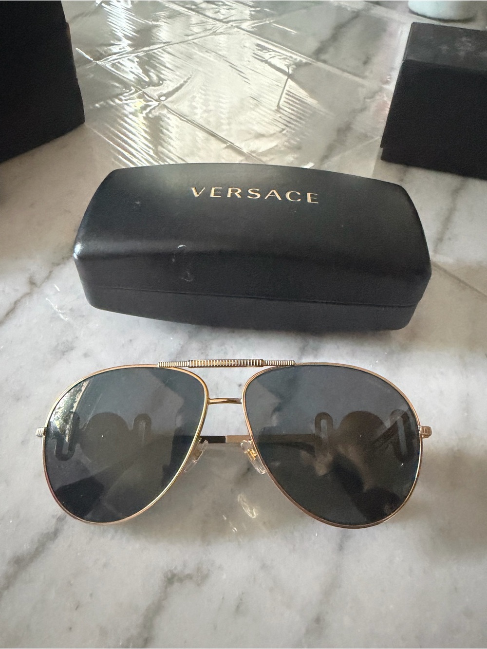 Versace Gold Frame Aviator Sunglasses with Black Lenses VE2249 Polarized